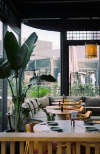 restaurant with a tall tree