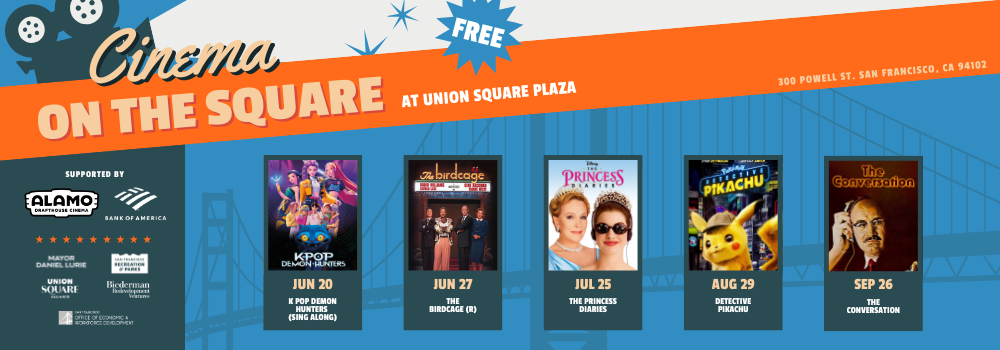 Website banner depicts the screen times for 5 showtimes for the free upcoming "Cinema on the Square" series